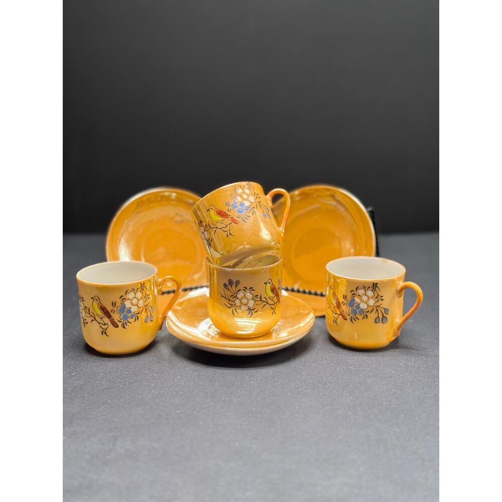 Set of 4 Vintage Hand-Painted Lusterware Demitasse Teacups & Saucers – Japan